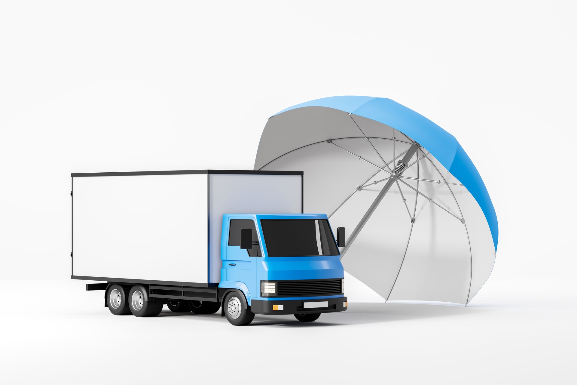3D rendering of a blue and white delivery truck under a large umbrella on white background, symbolizing protection and logistics safety concept. 3D Rendering